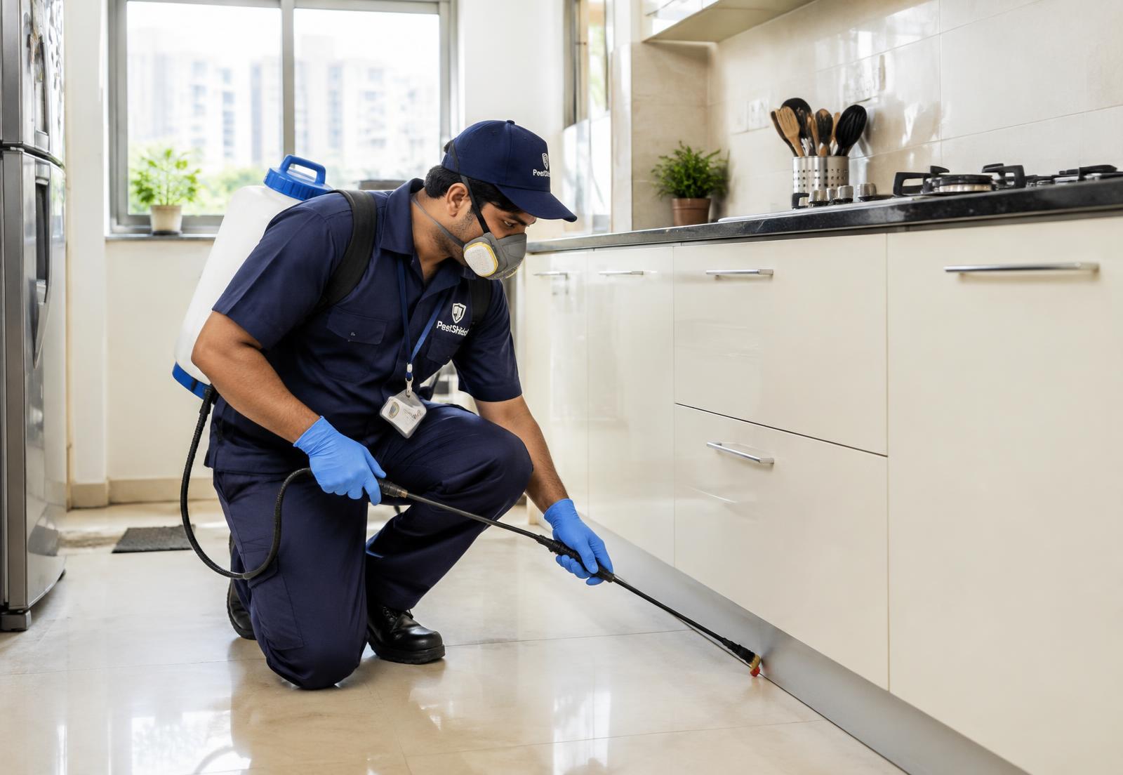 Quikrr technician treating kitchen baseboards for cockroaches in a Pune apartment